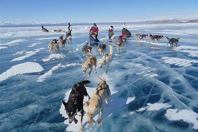 Traîneau à chiens sur le lac Khuvsgul gelé - Mongolie