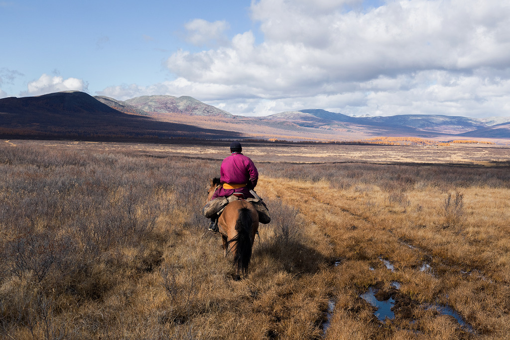 Mon guide me m&egrave;ne jusqu&rsquo;au camp des Tsaatan. Alors que nous traversons un terrain mar&eacute;cageux,  il remarque des traces de loup au sol - &copy;Brice Portolano